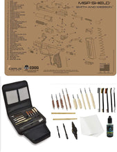 Load image into Gallery viewer, EDOG Gunslinger 20 PC Gun Cleaning Kit - Pistol Mat Compatible with S&amp;W M&amp;P Shield Tan - Schematic (Exploded View) Mat, Gunslinger Universal .22 .38 .357 9mm .40 &amp; .45 Caliber Kit