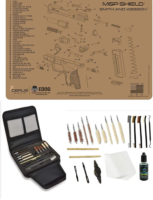 EDOG Gunslinger 20 PC Gun Cleaning Kit - Pistol Mat Compatible with S&W M&P Shield Tan - Schematic (Exploded View) Mat, Gunslinger Universal .22 .38 .357 9mm .40 & .45 Caliber Kit