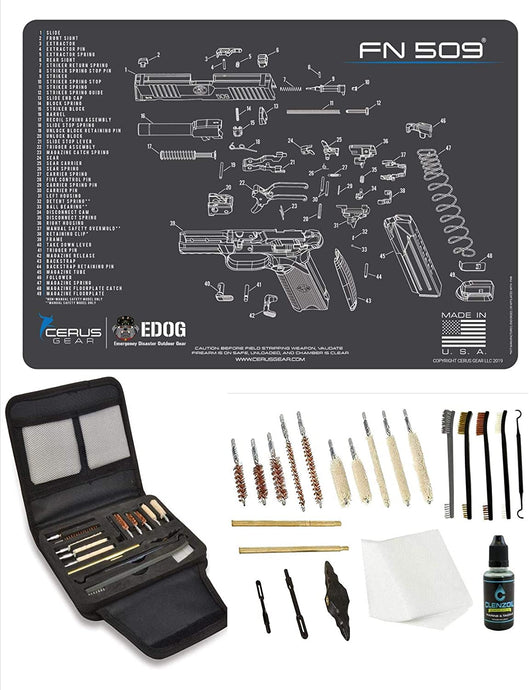 EDOG Gunslinger 20 PC Gun Cleaning Kit - Pistol Mat Compatible with Fabrique Nationale FN509 - Schematic (Exploded View) Mat, Gunslinger Universal .22 .38 .357 9mm .40 & .45 Caliber Kit