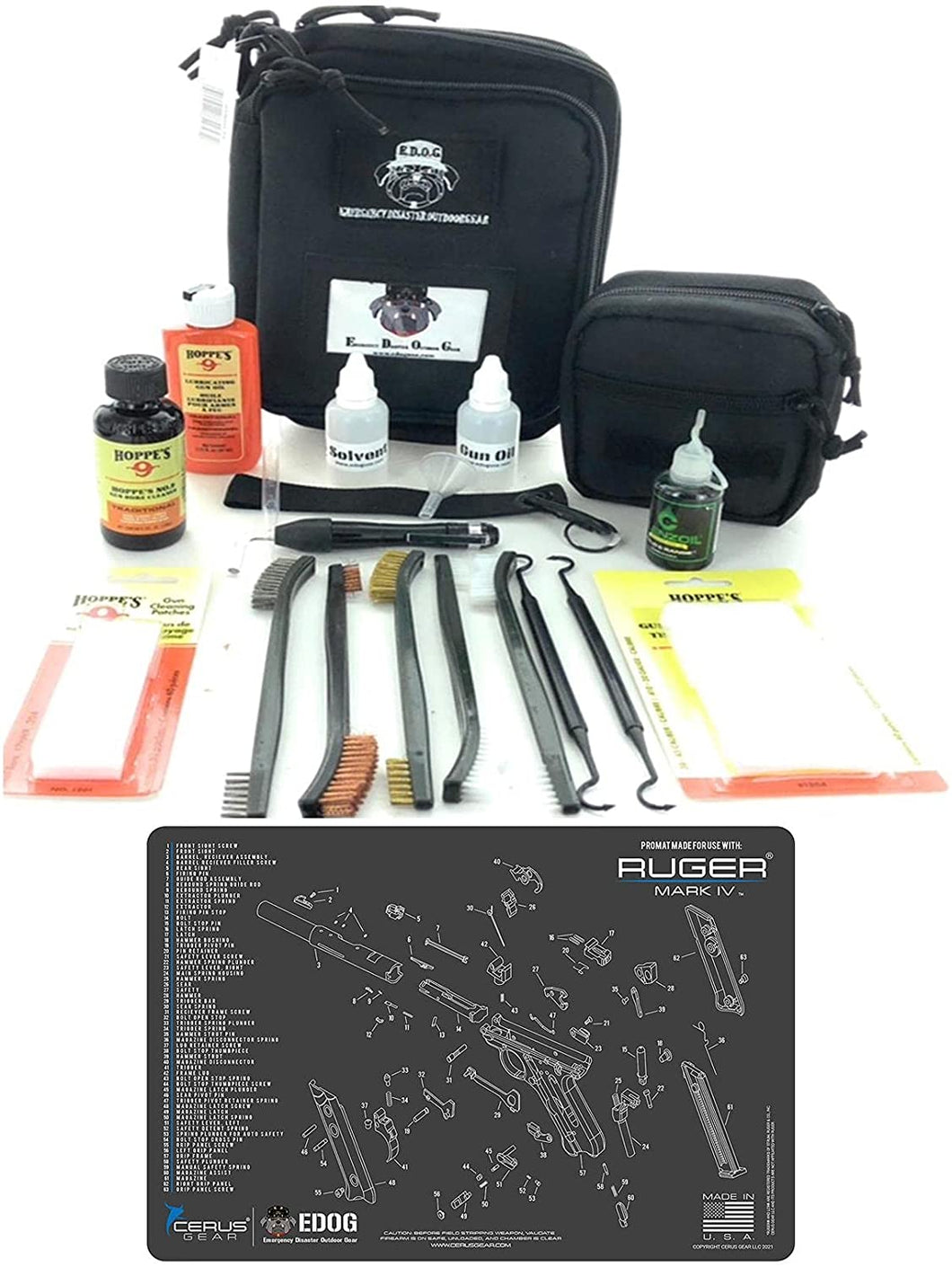 RangeMaster Elite EDC Bag Gun Cleaning Kit- Compatible for Ruger Mark IV - Schematic Mat (Exploded View) with Hoppes Gun Oil No.9 Solvent & Patches Clenzoil CLP 10 Pc Cleaning Accessories Set