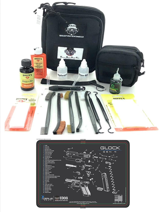 RangeMaster Elite EDC Bag Gun Cleaning Kit- Compatible for Gen4 - Schematic Mat (Exploded View) with Hoppes Gun Oil No.9 Solvent & Patches Clenzoil CLP 10 Pc Cleaning Accessories Set
