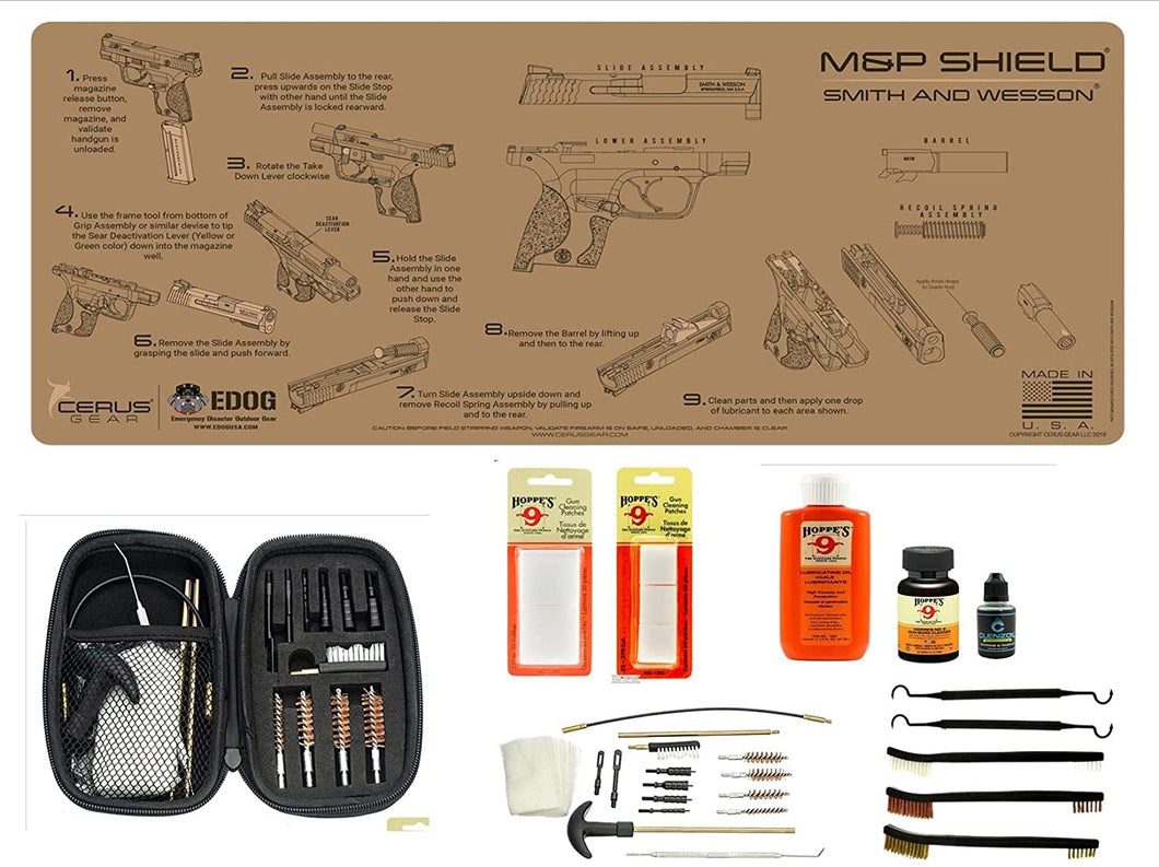 Range Warrior 27 Pc Gun Cleaning Kit - Compatible with S&W M&P Shield - Tan - Schematic (Exploded View) Mat .22 9mm - .45 Kit