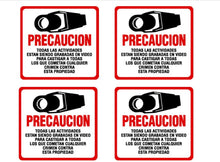 Load image into Gallery viewer, 4 Spanish Security Camera Video Surveillance System Decal Stickers 4&quot; x 4&quot; CCTV Warning Sticker Decals Scratch &amp; Fade Resistant
