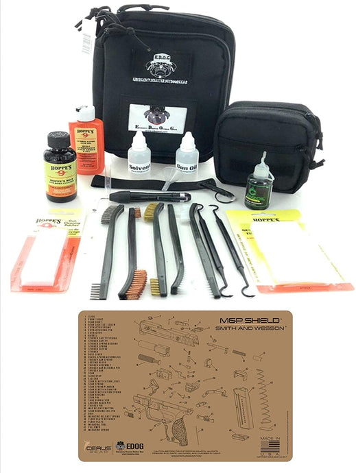 RangeMaster Elite EDC Bag Gun Cleaning Kit- Compatible for S&W M&P Shield Tan - Schematic Mat (Exploded View) with Hoppes Gun Oil No.9 Solvent & Patches Clenzoil CLP 10 Pc Cleaning Accessories Set
