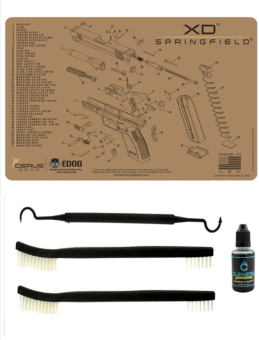 EDOG XD Tan Flat Dark Earth 5 PC Schematic (Exploded View) Heavy Duty Pistol Cleaning 12x17 Padded Gun-Work Surface Protector Mat Solvent & Oil Resistant & 3 PC Cleaning Essentials & Clenzoil