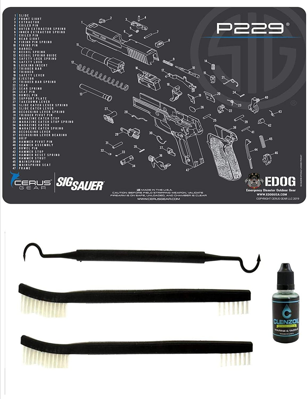 EDOG SIG P229 5 PC Cerus Gear Schematic (Exploded View) Heavy Duty Pistol Cleaning 12x17 Padded Gun-Work Surface Protector Mat Solvent & Oil Resistant & 3 PC Cleaning Essentials & Clenzoil