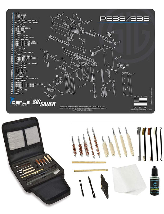 EDOG Gunslinger 20 PC Gun Cleaning Kit - Pistol Mat Compatible with Sig Sauer P238 - Schematic (Exploded View) Mat, Gunslinger Universal .22 .38 .357 9mm .40 & .45 Caliber Kit