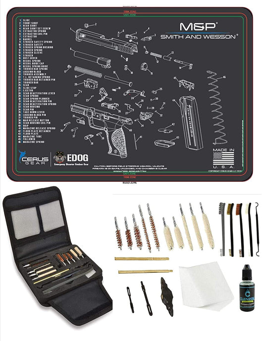 EDOG Gunslinger 20 PC Gun Cleaning Kit - Pistol Mat Compatible with S&W M&P - Schematic (Exploded View) Mat, Gunslinger Universal .22 .38 .357 9mm .40 & .45 Caliber Kit