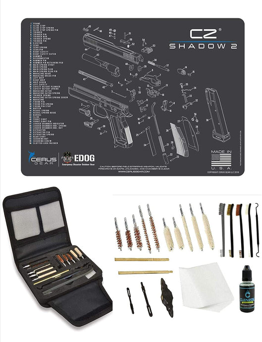 EDOG Gunslinger 20 PC Gun Cleaning Kit - Pistol Mat Compatible with CZ Shadow 2 - Schematic (Exploded View) Mat, Gunslinger Universal .22 .38 .357 9mm .40 & .45 Caliber Kit