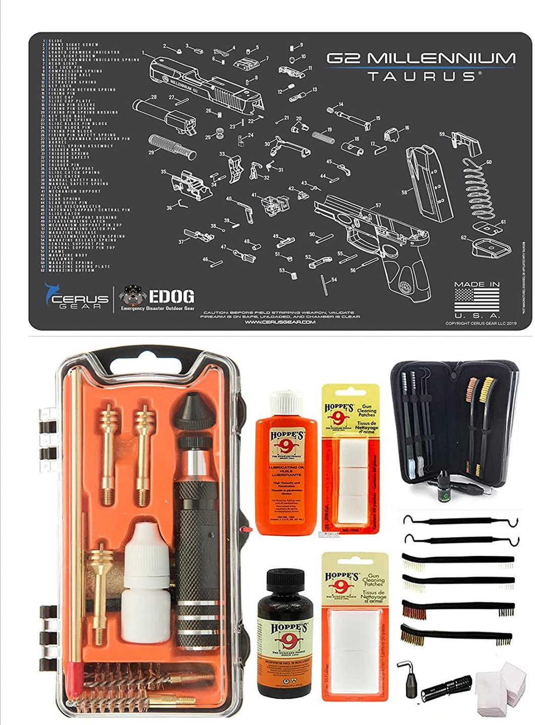 EDOG USA Outlaw 28 Pc Pistol Cleaning Kit - Compatible for Taurus TG2 - Schematic (Exploded View) Mat, Calibers 9MM to .45 & Tac Pak Pistol Cleaning Essentials Kit