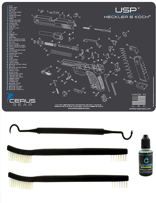 EDOG USA Compatible for Heckler & Koch USP - 5 PC Cerus Gear Schematic (Exploded View) Pistol Cleaning Gun-Work Surface Protector Mat Solvent & Oil Resistant & 3 PC Cleaning Essentials & Clenzoil