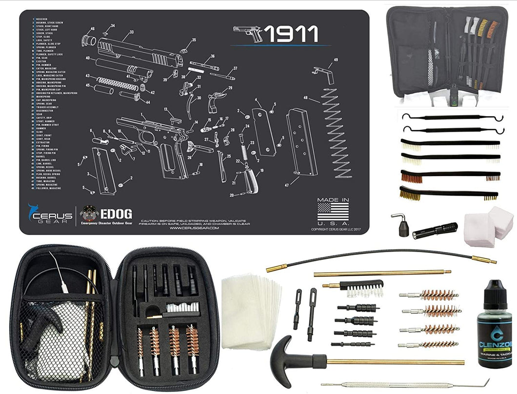 EDOG Premier 30 Pc Gun Cleaning System - Compatible with 1911 - Schematic (Exploded View) Mat, Range Warrior Universal .22 9mm - .45 Kit & Tac Book Accessories Set
