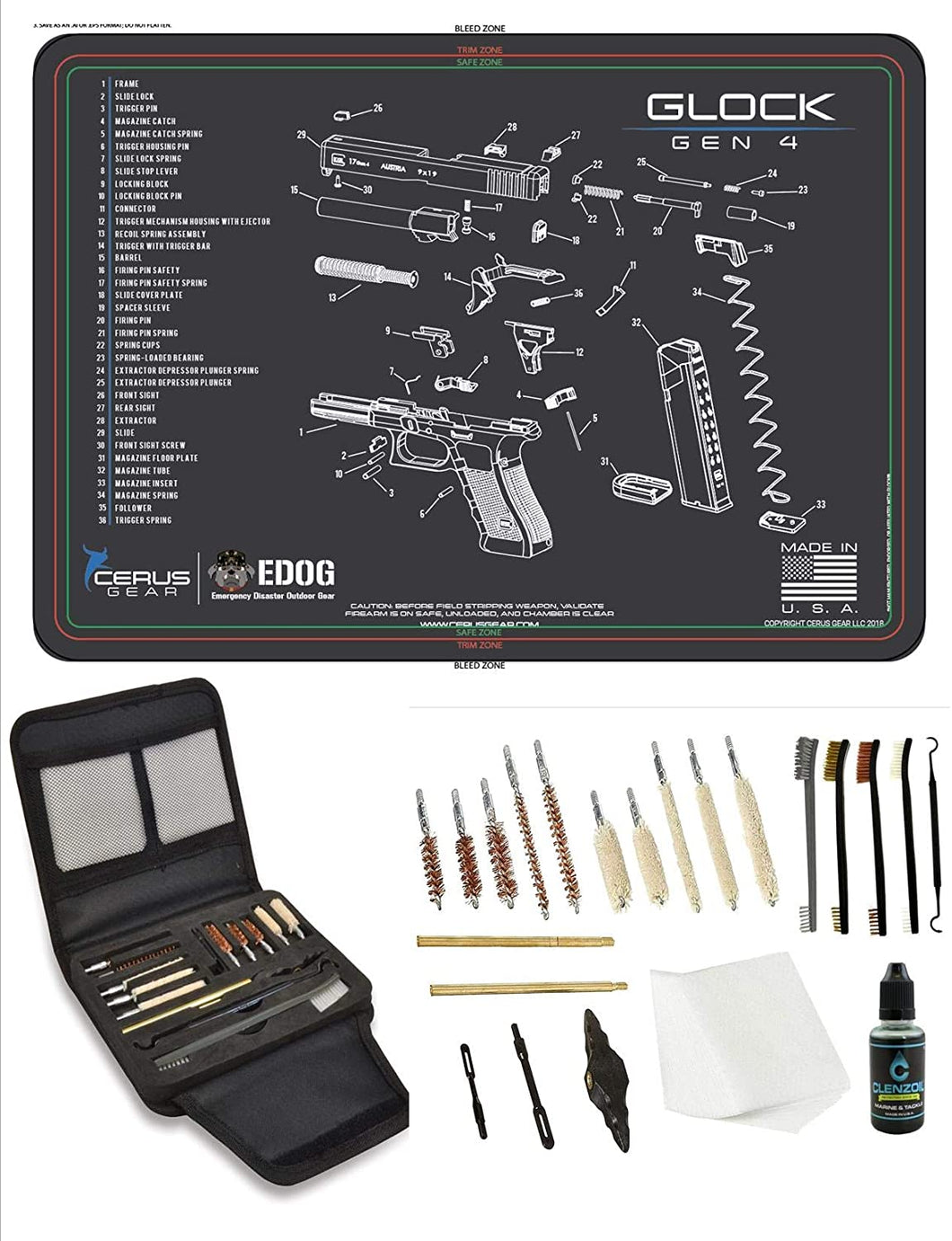 EDOG Gunslinger 20 PC Gun Cleaning Kit - Pistol Mat Compatible with Gen4 - Schematic (Exploded View) Mat, Gunslinger Universal .22 .38 .357 9mm .40 & .45 Caliber Kit