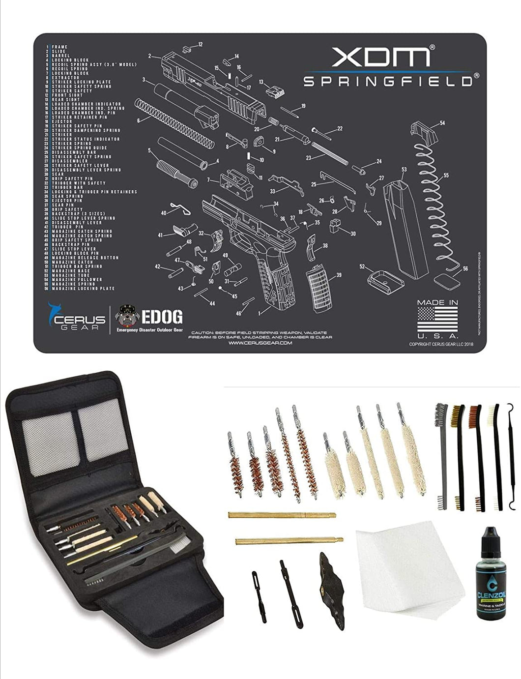 EDOG Gunslinger 20 PC Gun Cleaning Kit - Pistol Mat Compatible with Springfield Armory XDM - Schematic (Exploded View) Mat, Gunslinger Universal .22 .38 .357 9mm .40 & .45 Caliber Kit