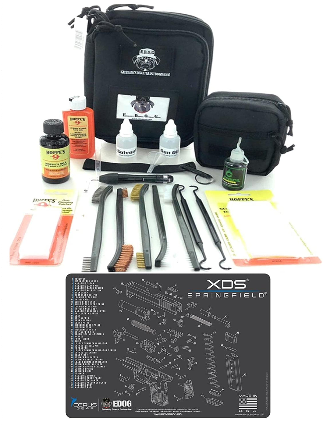 RangeMaster Elite EDC Bag Gun Cleaning Kit- Compatible For Springfield Armory XDs - Schematic Mat (Exploded View) With Hoppes Gun Oil No.9 Solvent & Patches Clenzoil CLP 10 Pc Cleaning Accessories Set
