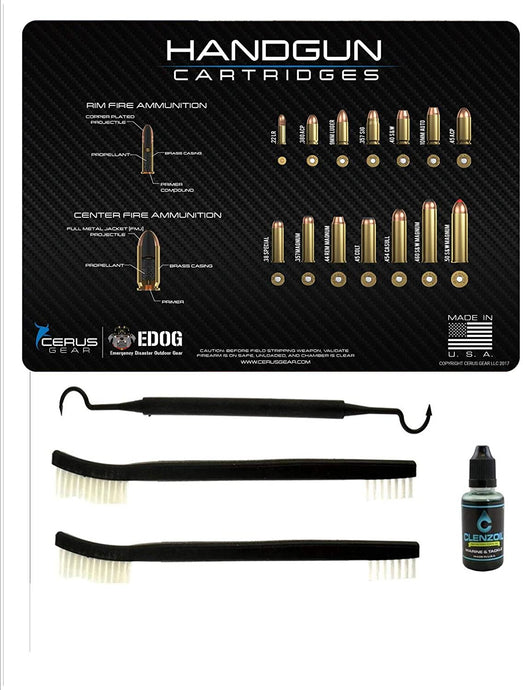 EDOG Top Handgun Cartridges 5 PC Cerus Gear Heavy Duty Pistol Cleaning 12x17 Padded Gun-Work Surface Protector Mat Solvent & Oil Resistant & 3 PC Cleaning Essentials & Clenzoil, Made in The USA