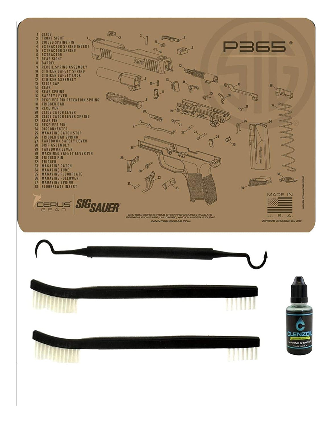 EDOG SIG P365 TAN 5 PC Cerus Gear Schematic (Exploded View) Heavy Duty Pistol Cleaning 12x17 Padded Gun-Work Surface Protector Mat Solvent & Oil Resistant & 3 PC Cleaning Essentials & Clenzoil