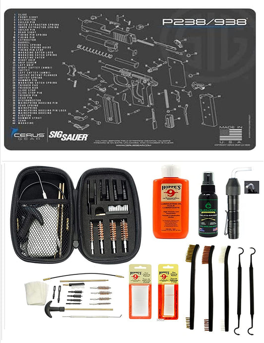 EDOG USA BANDIT 29 Pc Pistol Cleaning System - Compatible with Sig Sauer P238 - Schematic (Exploded View) Mat, Range Warrior Universal .22 9mm - .45 Kit & Clenzoil CLP & Hoppes Gun Oil & Patchs
