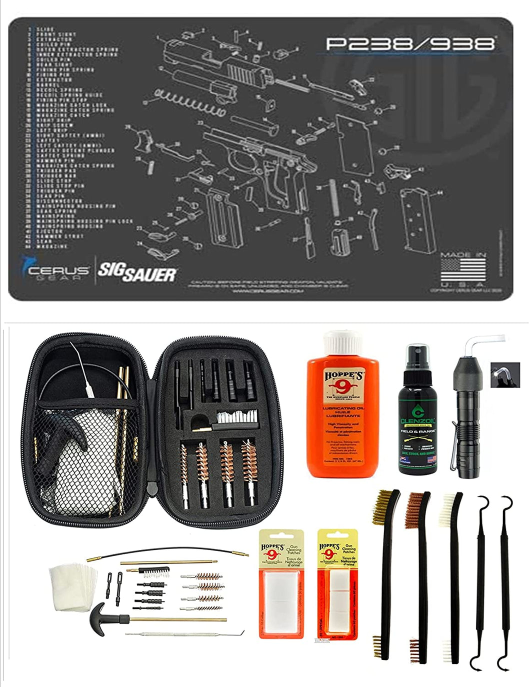 EDOG USA BANDIT 29 Pc Pistol Cleaning System - Compatible with Sig Sauer P238 - Schematic (Exploded View) Mat, Range Warrior Universal .22 9mm - .45 Kit & Clenzoil CLP & Hoppes Gun Oil & Patchs