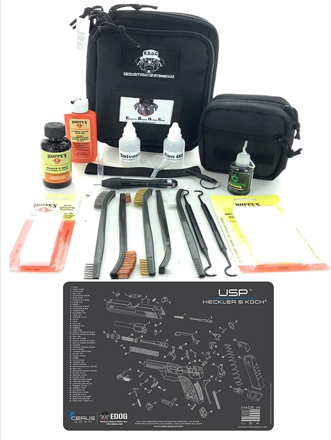 RangeMaster Elite EDC Bag Gun Cleaning Kit- Compatible for Heckler & Koch HK USP Schematic Mat (Exploded View) with Hoppes Gun Oil No.9 Solvent & Patches Clenzoil CLP 10 Pc Cleaning Accessories Set