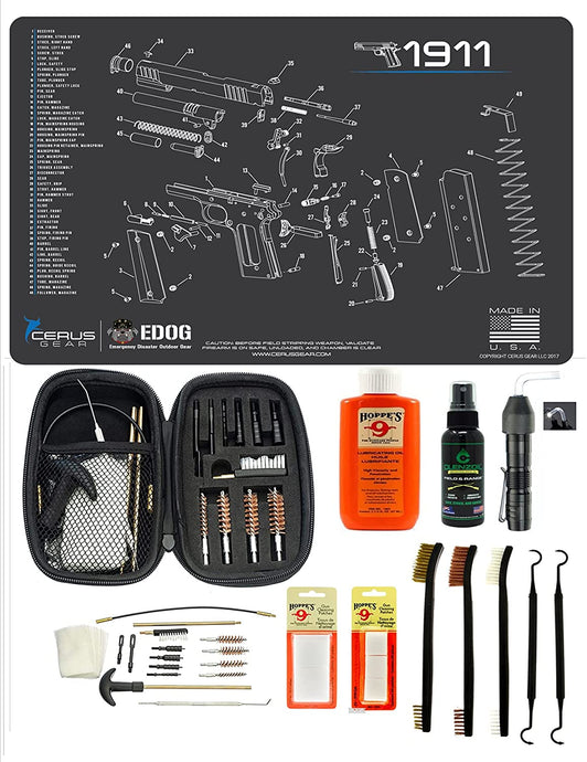 EDOG USA BANDIT 29 Pc Pistol Cleaning System - Compatible with 1911 - Schematic (Exploded View) Mat, Range Warrior Universal .22 9mm - .45 Kit & Clenzoil CLP & Hoppes Gun Oil & Patchs