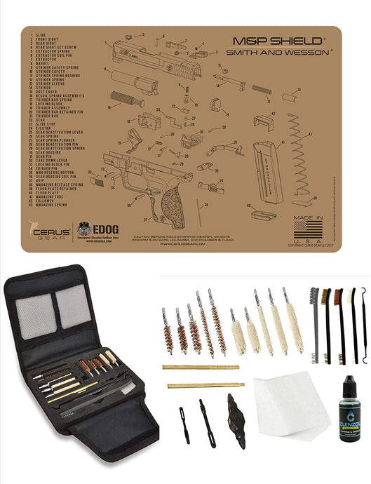 EDOG Gunslinger 20 PC Gun Cleaning Kit - Pistol Mat Compatible with S&W M&P Shield - Tan - Schematic (Exploded View) Mat, Gunslinger Universal .22 .38 .357 9mm .40 & .45 Caliber Kit