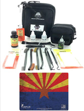 Load image into Gallery viewer, RangeMaster Elite EDC Bag Gun Cleaning Kit- Arizona State Flag Honor &amp; Pride Pistol Mat &amp; with Hoppes Gun Oil No.9 Solvent &amp; Patches Clenzoil CLP 10 Pc Cleaning Accessories Set