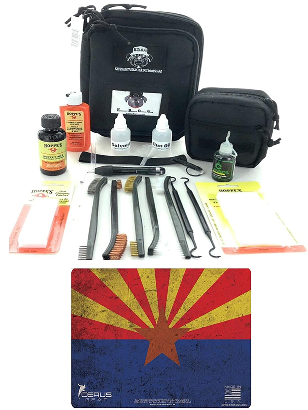 RangeMaster Elite EDC Bag Gun Cleaning Kit- Arizona State Flag Honor & Pride Pistol Mat & with Hoppes Gun Oil No.9 Solvent & Patches Clenzoil CLP 10 Pc Cleaning Accessories Set
