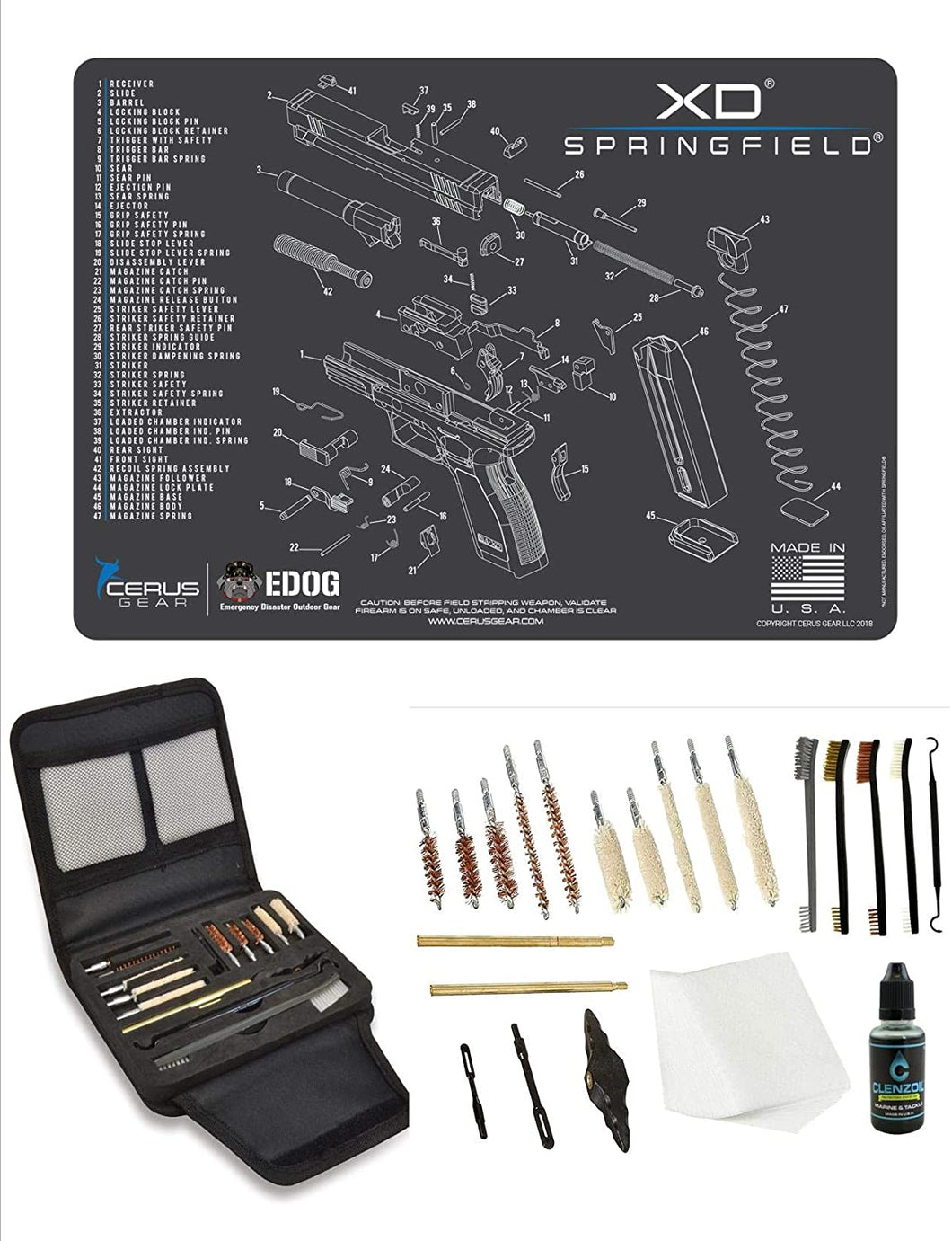 EDOG Gunslinger 20 PC Gun Cleaning Kit - Pistol Mat Compatible with Springfield Armory XD - Schematic (Exploded View) Mat, Gunslinger Universal .22 .38 .357 9mm .40 & .45 Caliber Kit