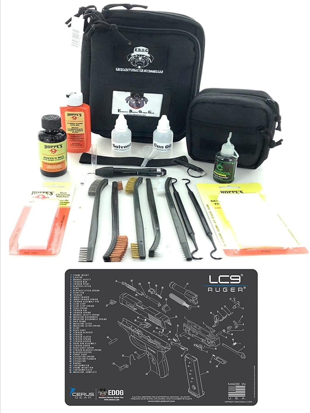 RangeMaster Elite EDC Bag Gun Cleaning Kit- Compatible for Ruger LC9 - Schematic Mat (Exploded View) with Hoppes Gun Oil No.9 Solvent & Patches Clenzoil CLP 10 Pc Cleaning Accessories Set