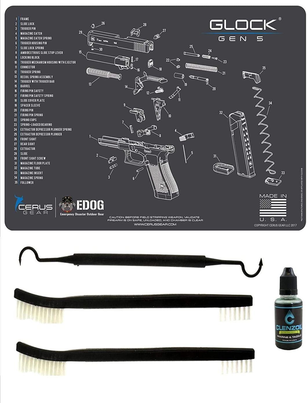 EDOG Glock Gen 5 (5) PC Cerus Gear Schematic (Exploded View) Heavy Duty Pistol Cleaning 12x17 Padded Gun-Work Surface Protector Mat Solvent & Oil Resistant & 3 PC Cleaning Essentials & Clenzoil