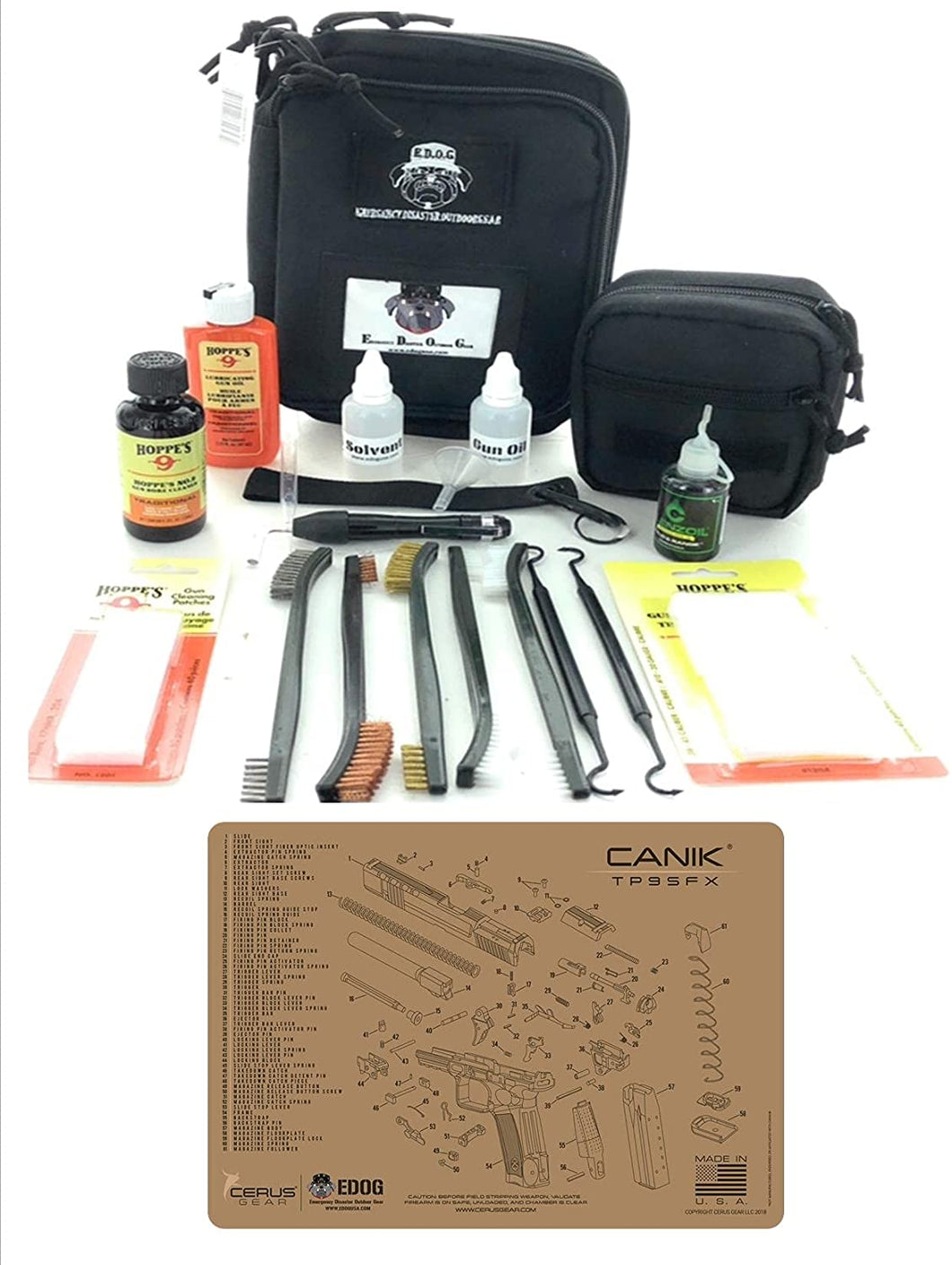 RangeMaster Elite EDC Bag Gun Cleaning Kit- Compatible for Canik TP9 - Tan - Schematic Mat (Exploded View) with Hoppes Gun Oil No.9 Solvent & Patches Clenzoil CLP 10 Pc Cleaning Accessories Set