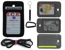 Load image into Gallery viewer, EDOG I.C.E. Lost Child &amp; Medical Alert Parent Locator Neck Wallet | Lanyard | Key Chain | Carabiner | I.C.E. Cards | Leather | Emergency Contacts | Medical | Allergy | Meds | Language