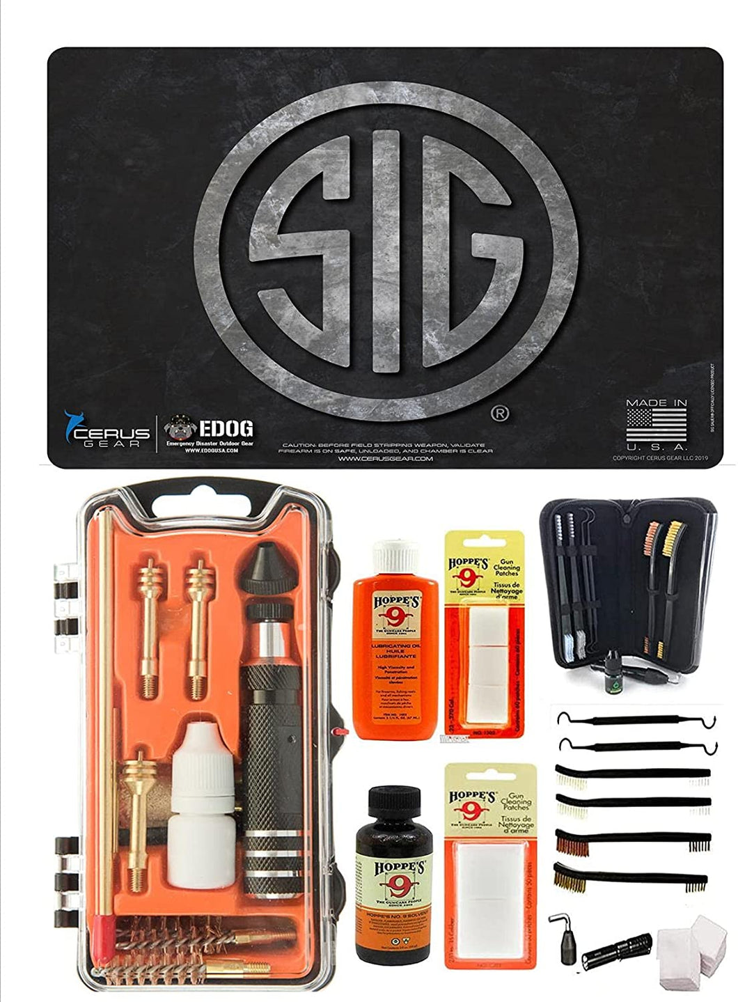 EDOG USA Outlaw 28 Pc Pistol Cleaning Kit - Compatible for Sig Sauer Pistols - Sig Logo Mat, Calibers 9MM to .45 & Tac Pak Pistol Cleaning Essentials Kit