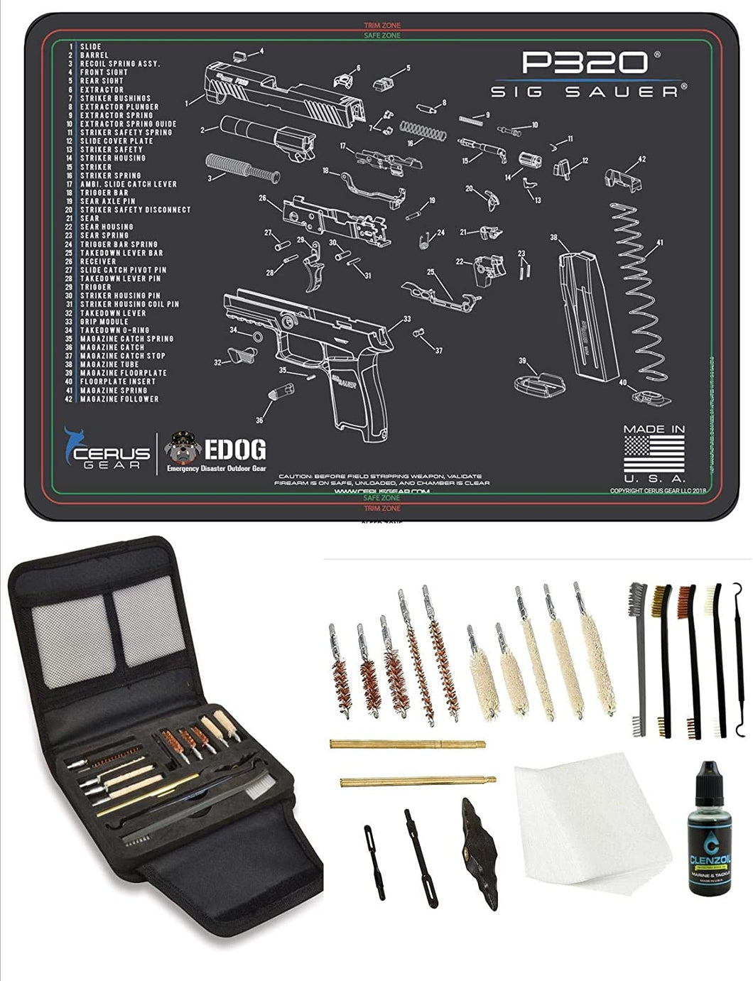 EDOG P320 Gunslinger 20 PC Gun Cleaning Kit - Pistol Mat Compatible for Sig Sauer P320 Pistols- Schematic (Exploded View) Pistol ProMat Gunslinger Universal .22 .38 .357 9mm .40 & .45 Caliber Kit