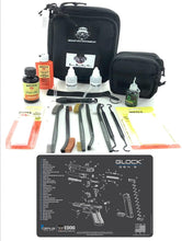 Load image into Gallery viewer, RangeMaster Elite EDC Bag Gun Cleaning Kit- Compatible for Gen5 - Schematic Mat (Exploded View) with Hoppes Gun Oil No.9 Solvent &amp; Patches Clenzoil CLP 10 Pc Cleaning Accessories Set
