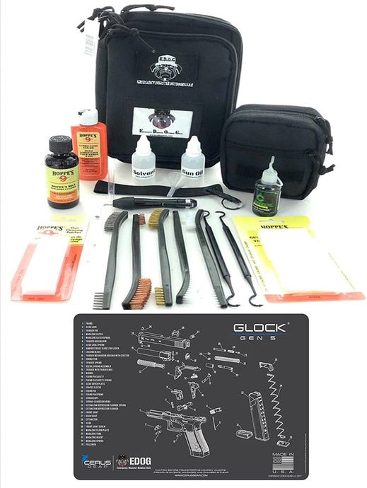 RangeMaster Elite EDC Bag Gun Cleaning Kit- Compatible for Gen5 - Schematic Mat (Exploded View) with Hoppes Gun Oil No.9 Solvent & Patches Clenzoil CLP 10 Pc Cleaning Accessories Set
