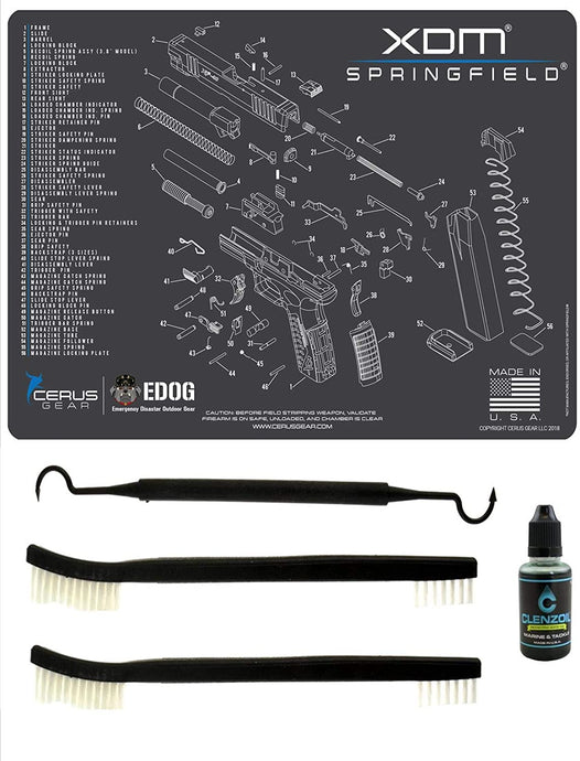Springfield Armory XDm 5 PC EDOG Cerus Gear Schematic Exploded View Heavy Duty Pistol Cleaning 12x17 Padded Gun-Work Surface Protector Mat Solvent & Oil Resistant & 3 PC Cleaning Essentials & Clenzoil