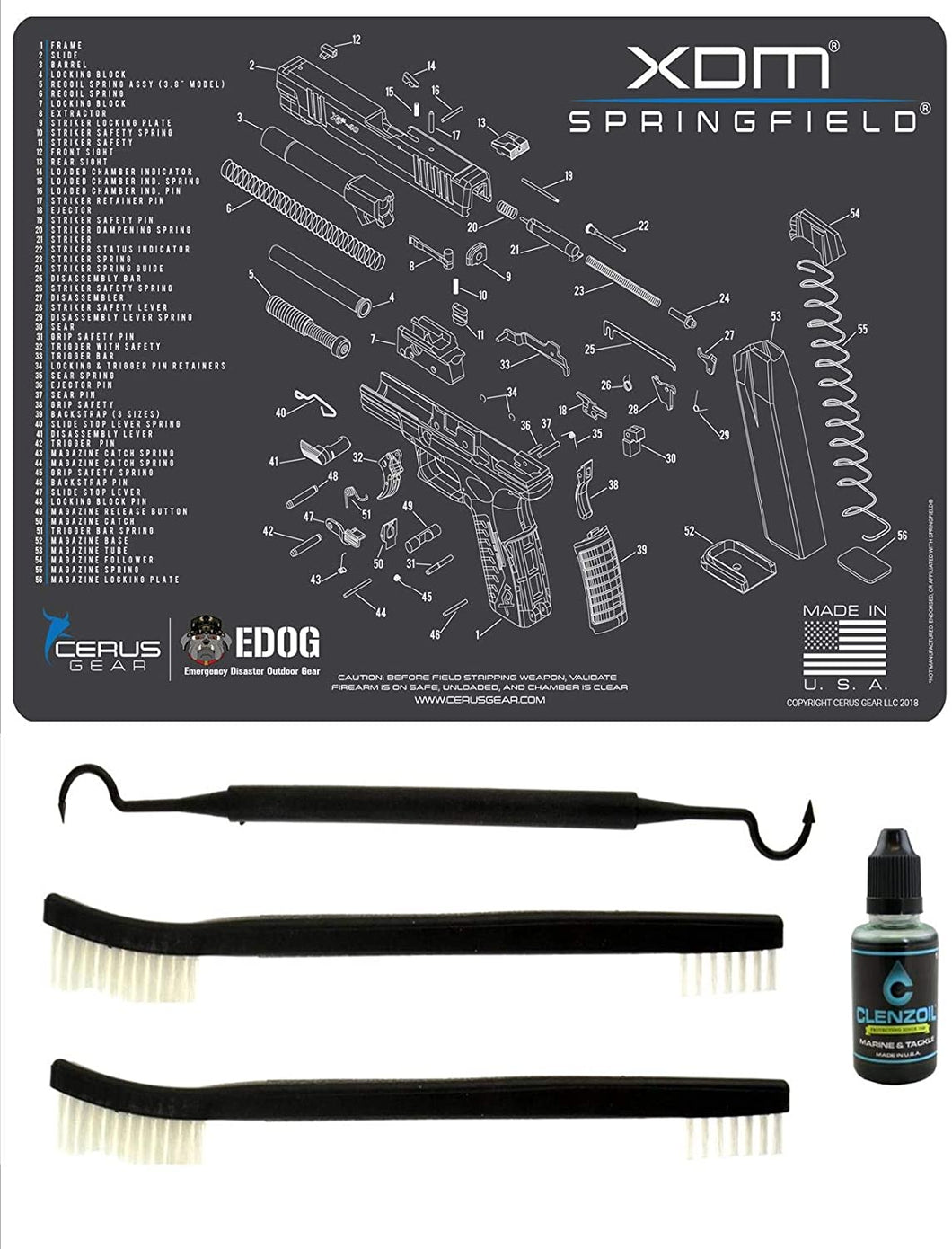 Springfield Armory XDm 5 PC EDOG Cerus Gear Schematic Exploded View Heavy Duty Pistol Cleaning 12x17 Padded Gun-Work Surface Protector Mat Solvent & Oil Resistant & 3 PC Cleaning Essentials & Clenzoil