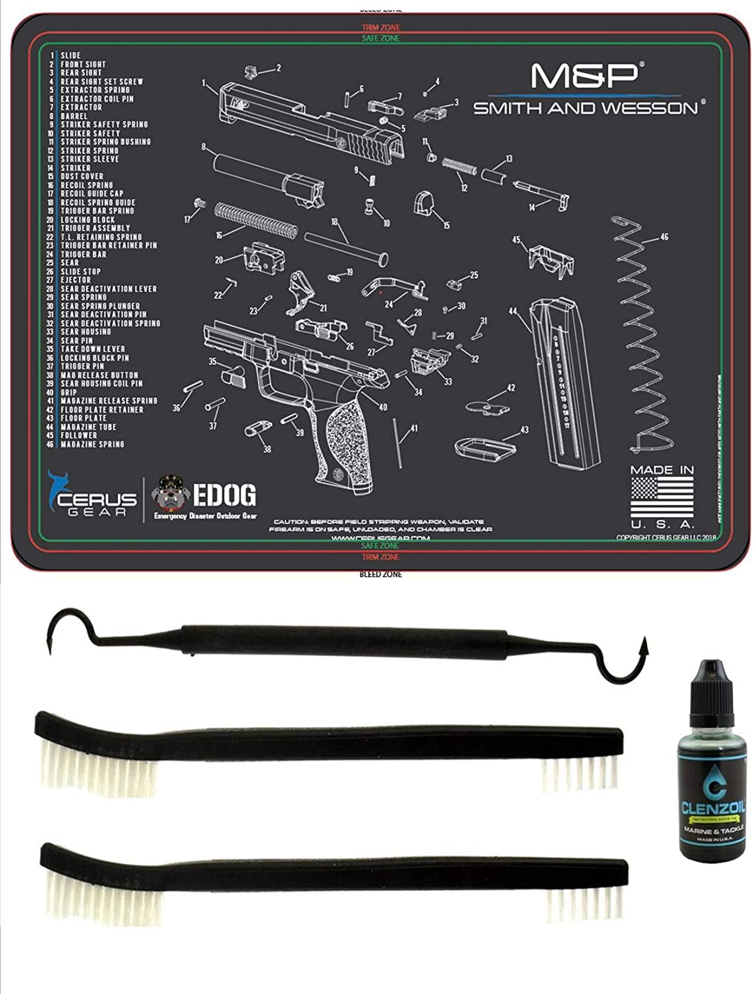 EDOG USA Compatible for Smith & Wesson M&P - 5 PC Schematic (Exploded View) Heavy Duty Pistol Cleaning Padded Work Surface Protector Mat Solvent & Oil Resistant & 3 PC Cleaning Essentials & Clenzoil
