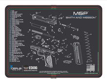 Load image into Gallery viewer, RangeMaster Elite EDC Bag Gun Cleaning Kit- Compatible for S&amp;W M&amp;P - Schematic Mat (Exploded View) with Hoppes Gun Oil No.9 Solvent &amp; Patches Clenzoil CLP 10 Pc Cleaning Accessories Set