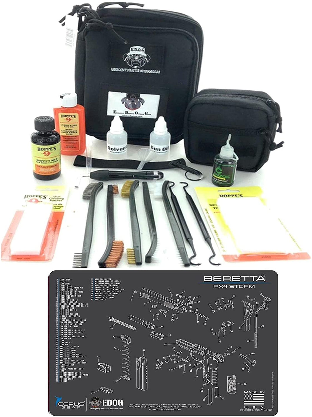 RangeMaster Elite EDC Bag Gun Cleaning Kit- Compatible for Beretta PX4 - Schematic Mat (Exploded View) with Hoppes Gun Oil No.9 Solvent & Patches Clenzoil CLP 10 Pc Cleaning Accessories Set