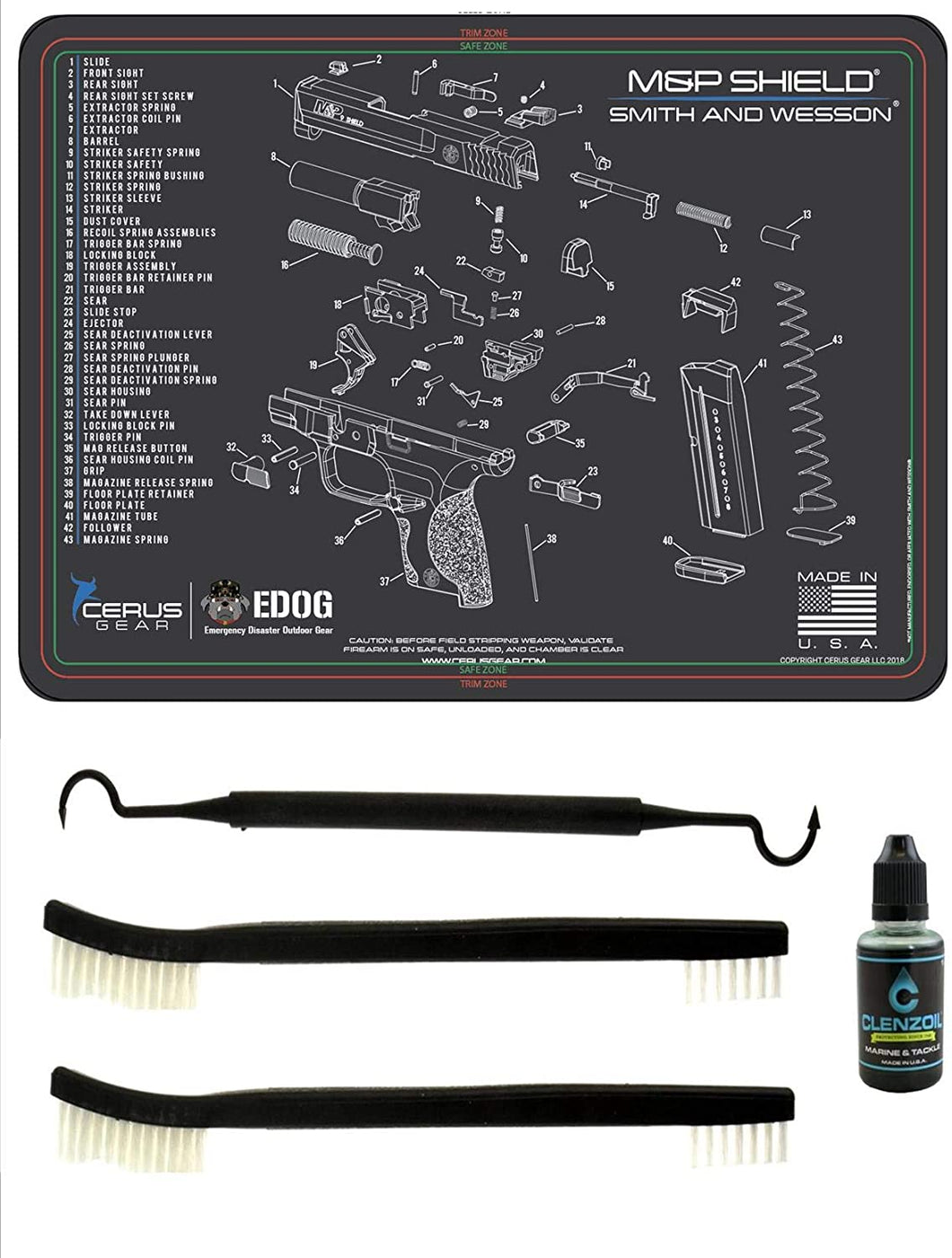 Smith & Wesso M&P SHIELD 5 PC EDOG Cerus Gear Schematic (Exploded View) Heavy Duty Pistol Cleaning 12x17 Padded Gun-Work Surface Protector Mat Solvent & Oil Resistant & 3 PC Cleaning Essentials & Clen
