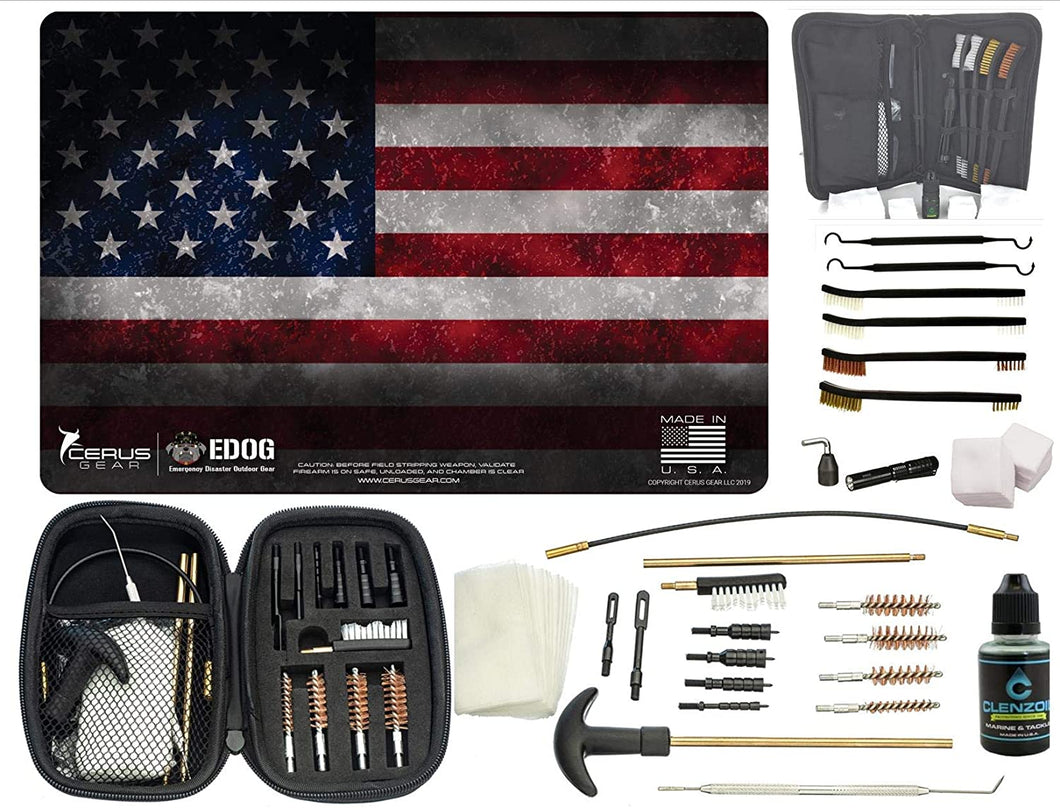 EDOG Premier 30 Pc Gun Cleaning System - Old Glory U.S. American Flag Handgun Honor & Pride Pistol Mat & Range Warrior .22 .38 .357 9MM .45 Gun Cleaning Kit & 12 PC Tac Book Cleaning Essentials Kit
