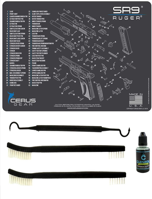 EDOG Ruger SR9 5 PC Cerus Gear Schematic (Exploded View) Heavy Duty Pistol Cleaning 12x17 Padded Gun-Work Surface Protector Mat Solvent & Oil Resistant & 3 PC Cleaning Essentials & Clenzoil
