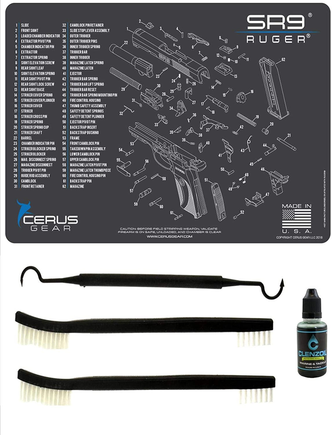 EDOG Ruger SR9 5 PC Cerus Gear Schematic (Exploded View) Heavy Duty Pistol Cleaning 12x17 Padded Gun-Work Surface Protector Mat Solvent & Oil Resistant & 3 PC Cleaning Essentials & Clenzoil