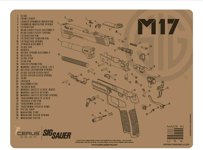 SIG M17 Schematic Tan (Exploded View) Flat Dark Earth Heavy Duty Pistol Cleaning 12x17 Padded Gun-Work Surface Protector Mat Solvent & Oil Resistant