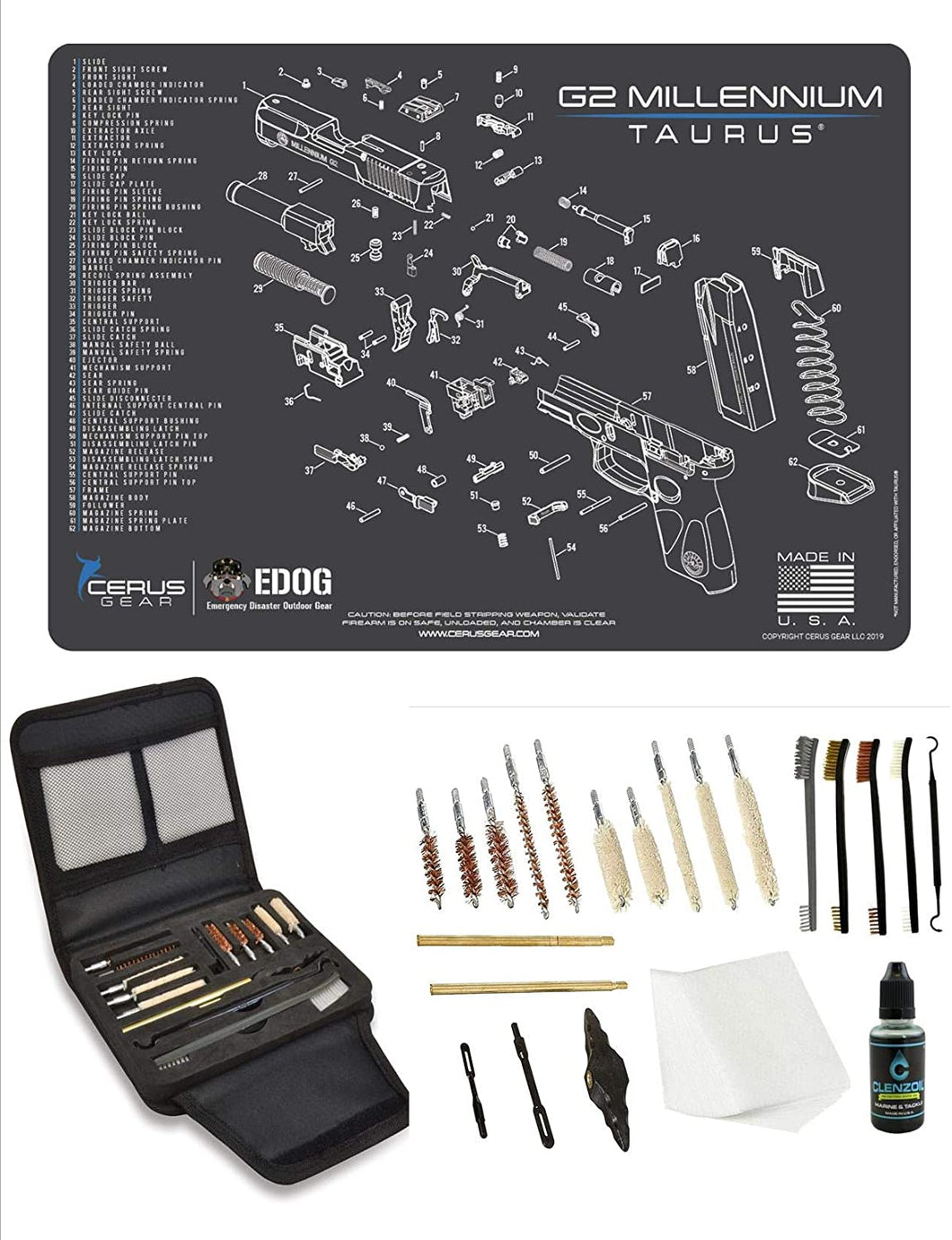 EDOG Gunslinger 20 PC Gun Cleaning Kit - Pistol Mat Compatible with Taurus TG2 - Schematic (Exploded View) Mat, Gunslinger Universal .22 .38 .357 9mm .40 & .45 Caliber Kit