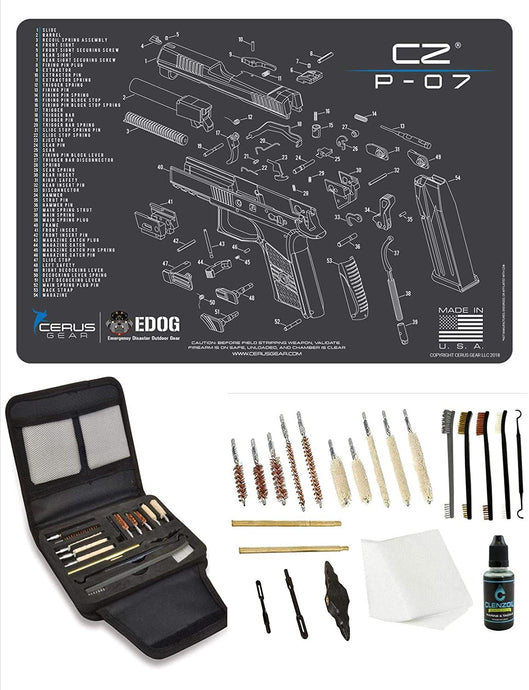 EDOG Gunslinger 20 PC Gun Cleaning Kit - Pistol Mat Compatible with CZ P-07 - Schematic (Exploded View) Mat, Gunslinger Universal .22 .38 .357 9mm .40 & .45 Caliber Kit