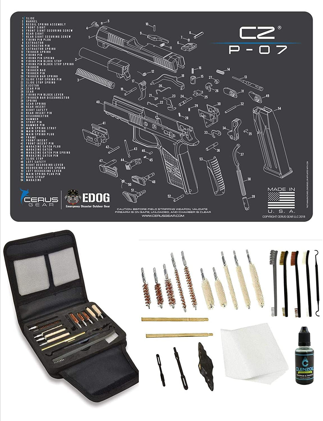 EDOG Gunslinger 20 PC Gun Cleaning Kit - Pistol Mat Compatible with CZ P-07 - Schematic (Exploded View) Mat, Gunslinger Universal .22 .38 .357 9mm .40 & .45 Caliber Kit